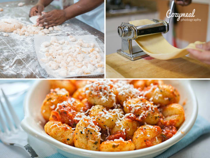 Chef making fresh gnocchi, chef making fresh pasta and gnocchi in red sauce with parmesan