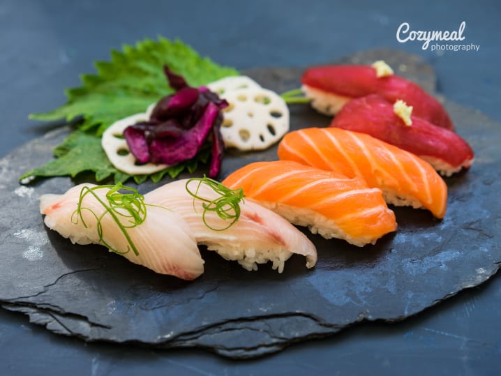 Nigiri with yellowfin tuna, shrimp and crab sticks