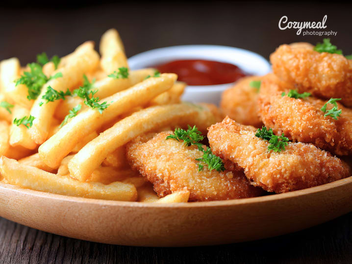 Chicken Nuggets with Honey Dipping Sauce and fries