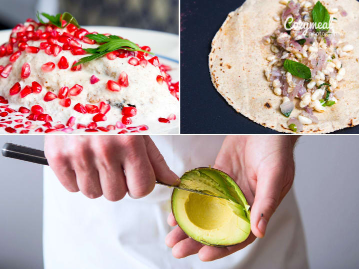 Chiles en Nogada, slicing avocado and a taco