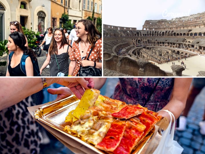 people walking during a food tour the collosseum in Rome Roman pizza by the slice