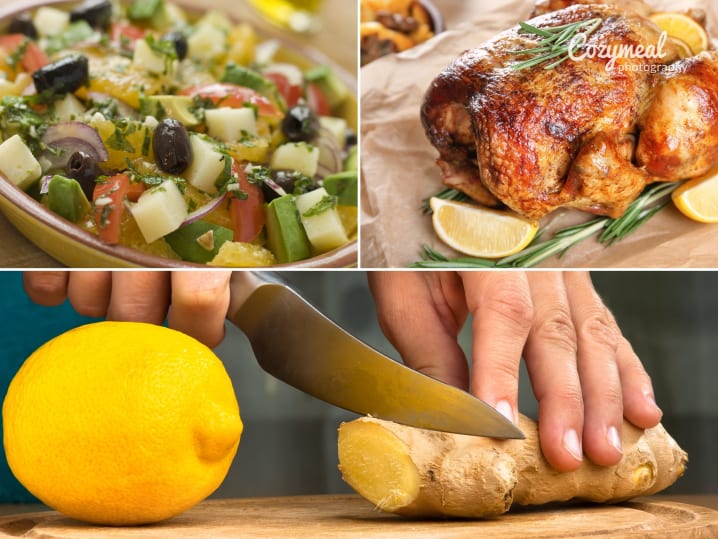 collage for Date Night: A Taste of Morocco cooking class on Cozymeal featuring Moroccan chicken, salad and chef cutting ginge