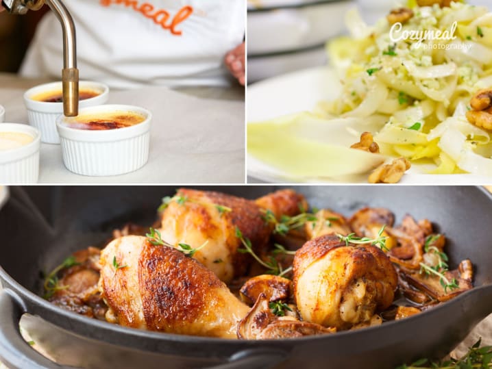 collage of mustard coated chicken, endive salad and torching creme brulee