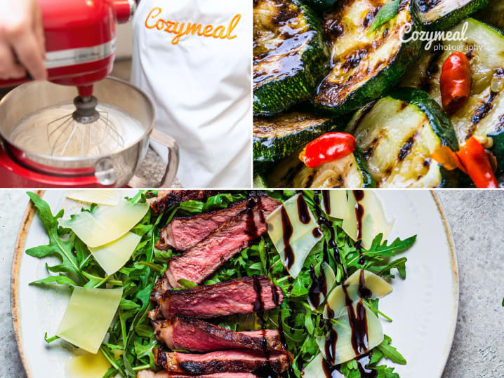 a collage of steak tagliata, grilled zucchini and chef whisking cream