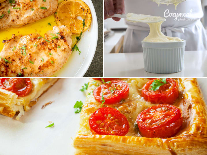 a collage of tomato tart, lemon and herb chicken and chef making souffle