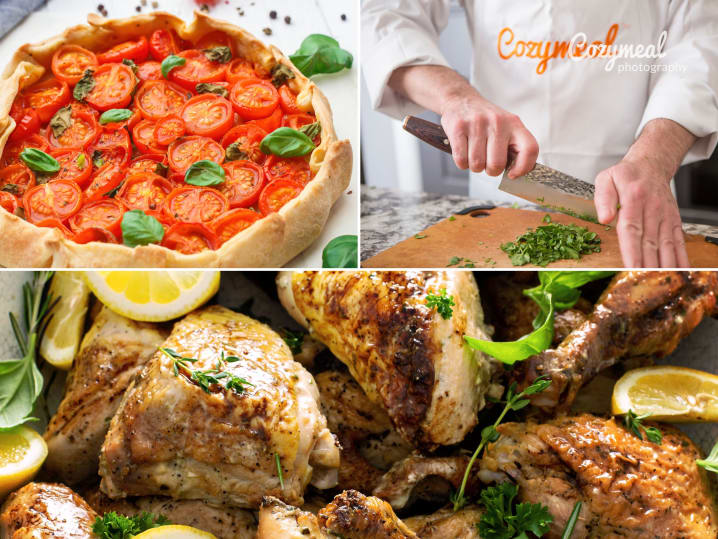 a collage of tomato tart, lemon and herb chicken and chef cutting herbs