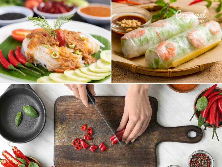 Scenes from Date Night: Touring Southeast Asia cooking class – A collage showing spring roll assembly, sliced grilled chicken with salad, and finished plated spring rolls.