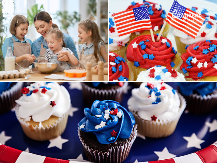 Collage from Family Fun: All-American Cupcakes class – A mix of hands-on decorating, kids baking, and patriotic cupcakes topped with red, white, and blue sprinkles and tiny flags.