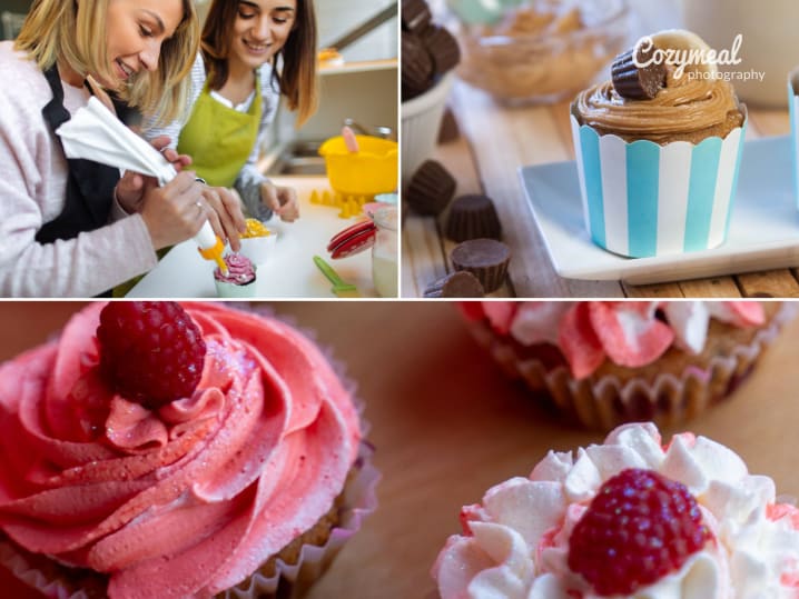 collage of family decorating cupcakes, peanut butter frosted cupcake and rapberry buttercream topped cupcakes