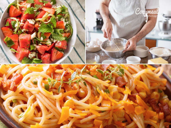 Scenes from Farmers Market Table cooking class – A collage featuring a watermelon feta salad, hands prepping ingredients, and a colorful vegetable pasta dish with tomatoes and herbs.