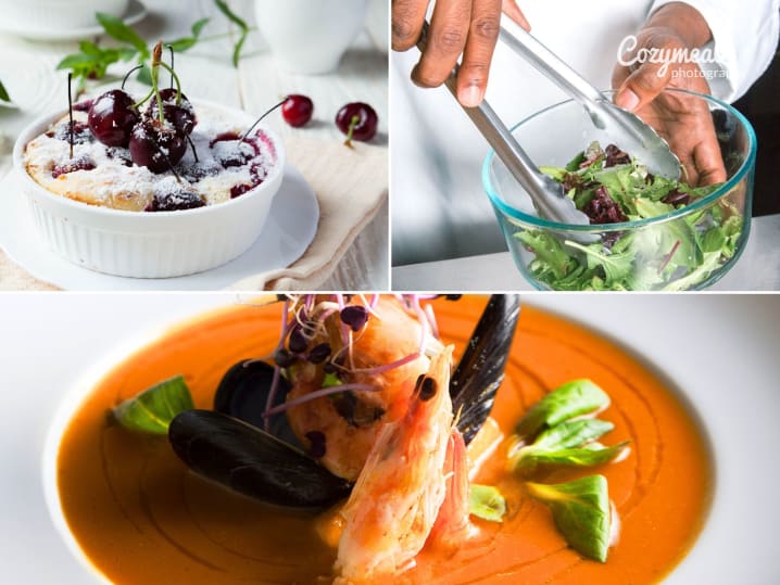 collage for Flavors of Southern France cooking class on Cozymeal with bouillabaisse, cherry pie and chef tossing salad