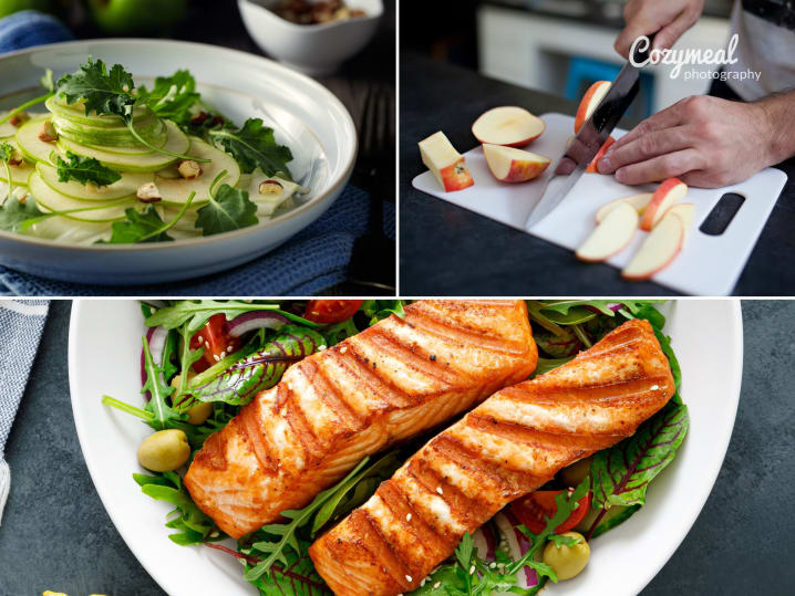 a collage of grilled salmon, apple and fennel salad and chef cutting apple