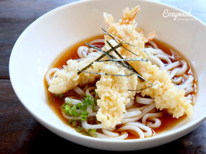 Fresh Dashi Udon Noodles with tempura shrimp