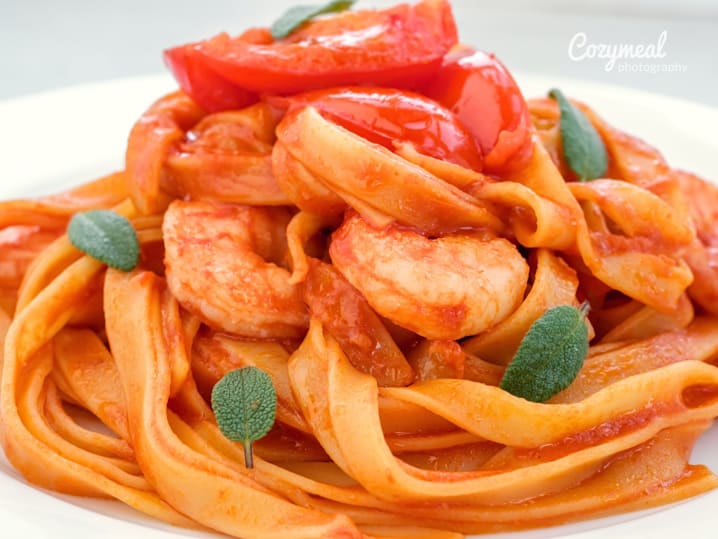 Fresh Tagliatelle with Grilled Shrimp, Lemon and Burst Cherry Tomatoes