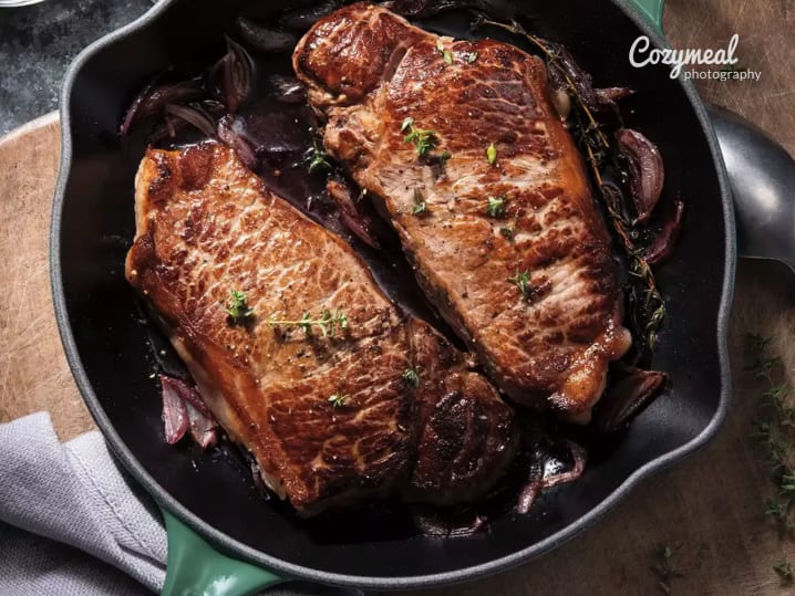 Green Peppercorn Steak with a Mushroom Cognac Pan Sauce