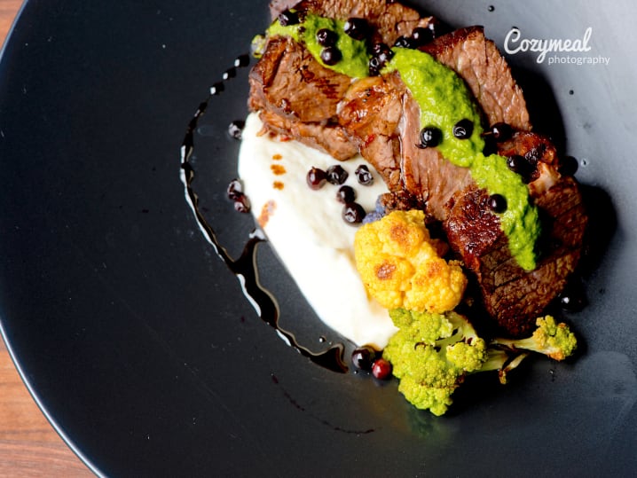 Hanger steak with puree and salsa verde