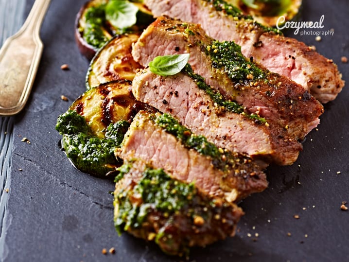 Hanger steak with salsa verde and vegetables