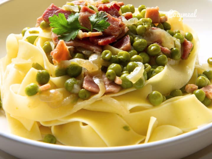 Homemade Tagliatelle with Pancetta and Peas