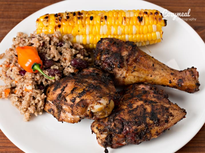 Jerk Chicken With Rice and Peas and Sweet Corn Yardie Style