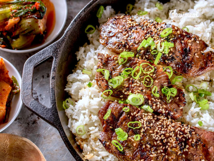 Kalbi, Korean beef short ribs with rice and kimchi