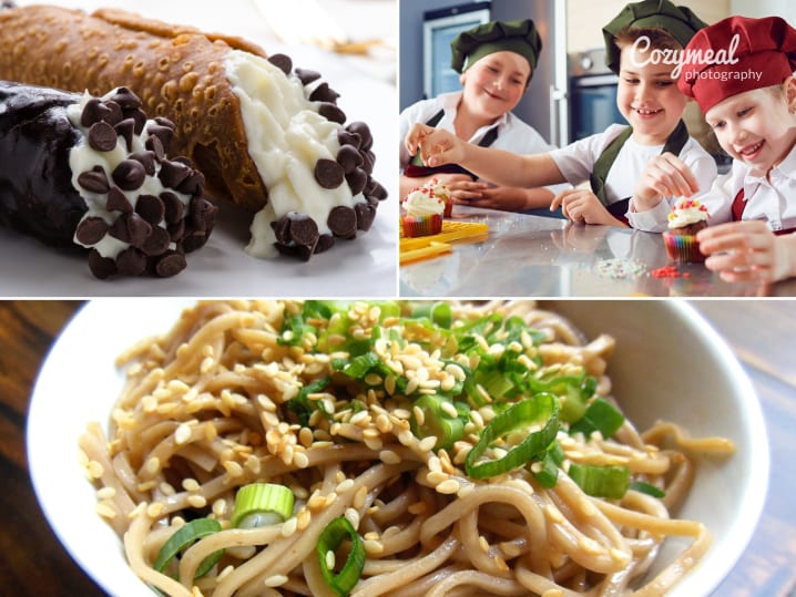 a collage of cannoli dessert, sesame coated noodles and kids baking cupcakes