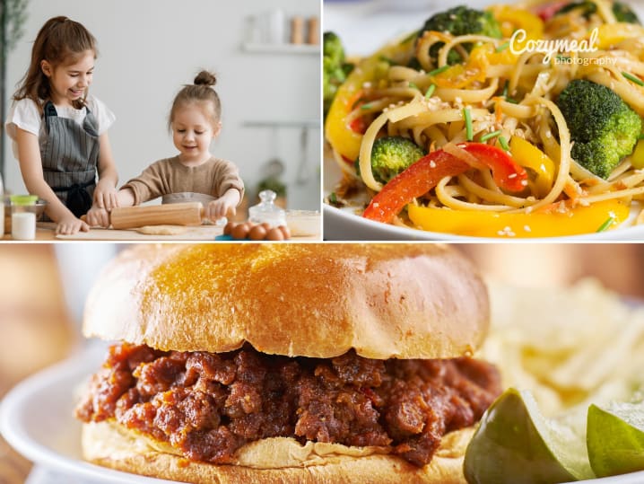 a collage featuring kids' cooking class series where they prepare fresh pasta, noodles, sloppy Joes and other dishes from global cuisines