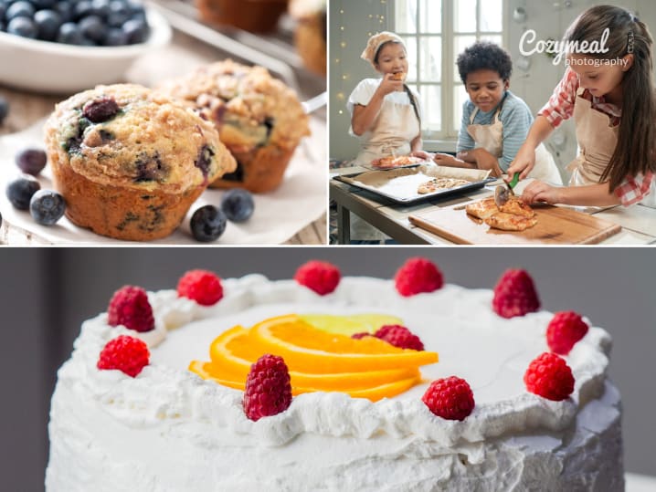 a collage featuring kids' baking lesson series  and baked goods such as villa frosted cake and blueberry muffins