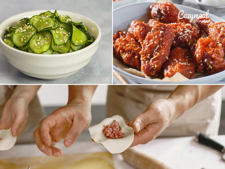 Scenes from Koreatown Kitchen + Joyce Cooking Class – A collage showing scallion prep, dumpling folding, and a plate of crispy Korean fried chicken topped with green onions.