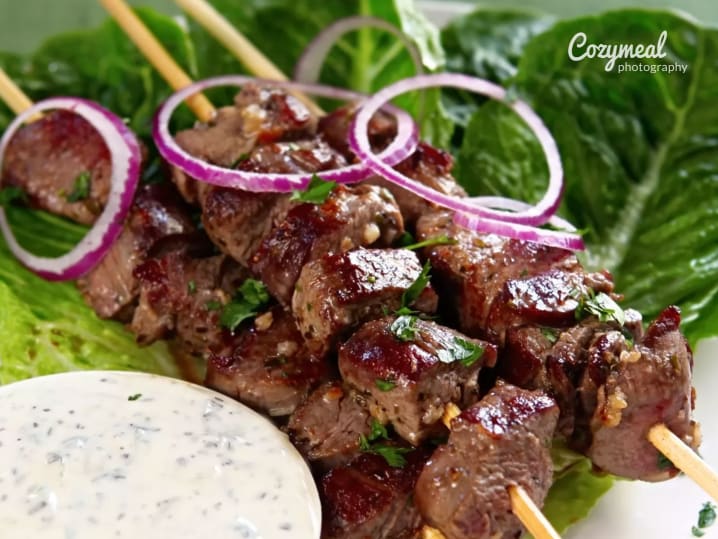 Lemon Marinated Lamb Skewers with Yogurt Herb Sauce