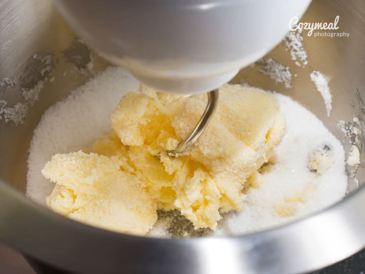Mixing butter and sugar with mixing machine, homemade bakery