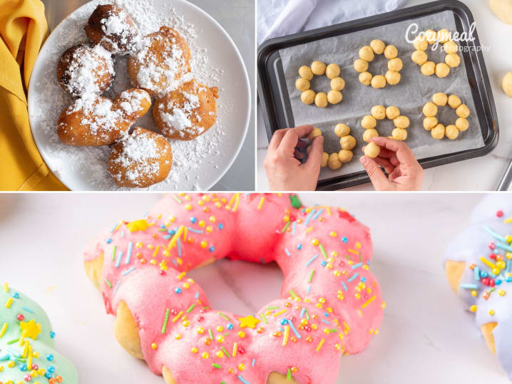 a collage of beignets, vibrant mochi donuts and a chef making mochi donuts