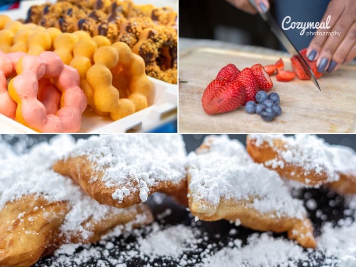 a collage of beignets, vibrant mochi donuts and a chef cutting berries