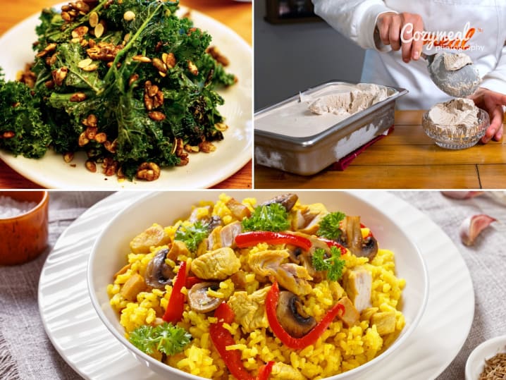collage for Paella Spanish Comfort Classics cooking class on Cozymeal with plated paella, kale salad and chef making ice cream