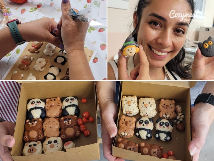 Cooking Class - Cute Character French Macarons in Culver City: Participants decorating character macarons and displaying their finished creations in a hands on baking class