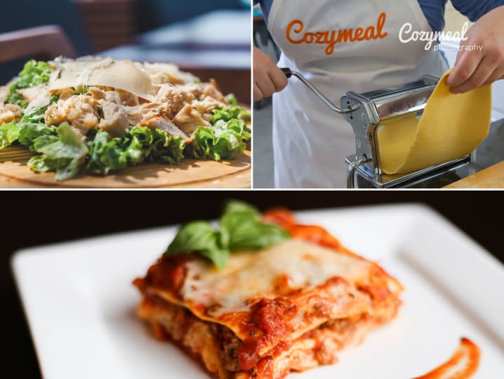 a collage of salad, lasagna and pasta making