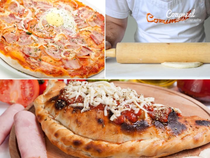 collage for Pizza Three Ways + SLT Pizza Kit cooking class on Cozymeal with calzone, carbonara pizza and chef rolling pizza dough
