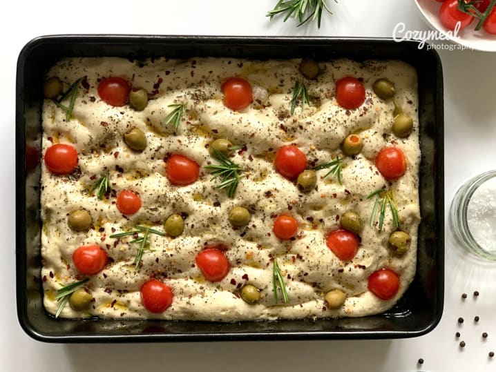 Raw Focaccia with Cherry Tomatoes, Green Olives and Herbs