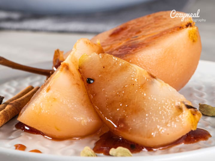 Riesling Poached Pears with Cardamom Scented Sabayon