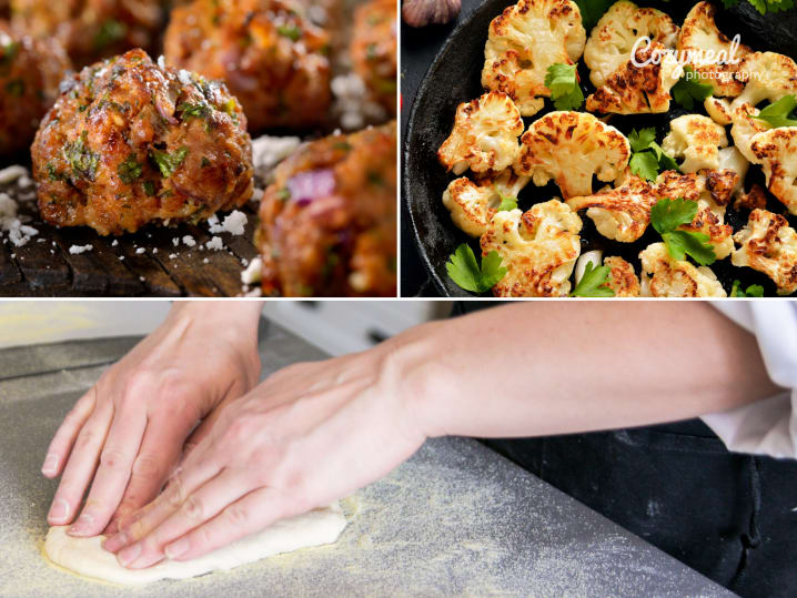 Roasted Cauliflower, meatballs and prearing flatbread