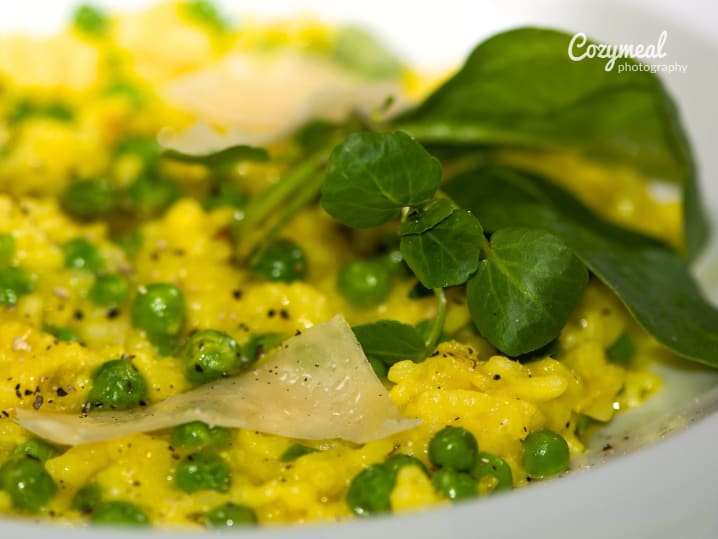 Saffron Scented Risotto with peas and prosciutto