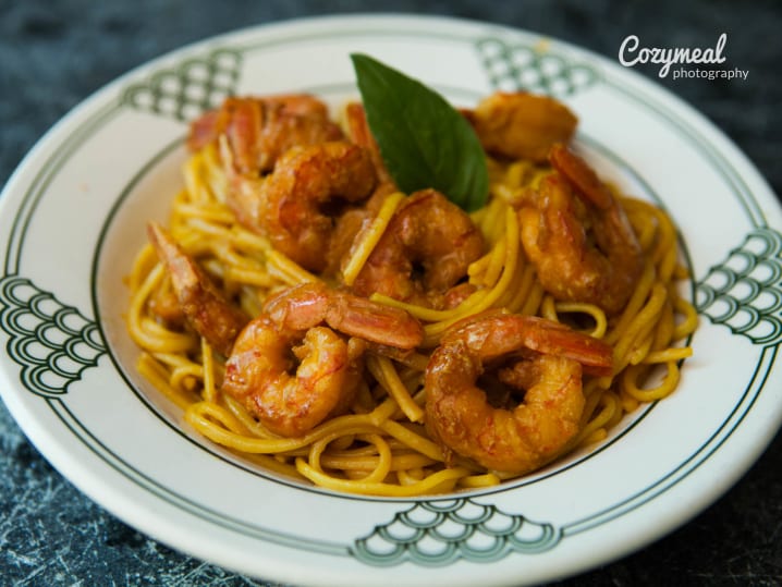 Saffron linguine with prawns