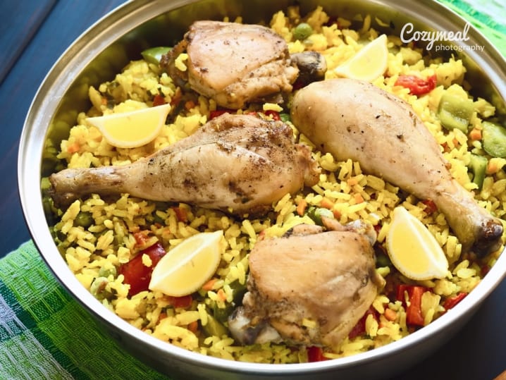 Spanish paella with chicken saffron and peas