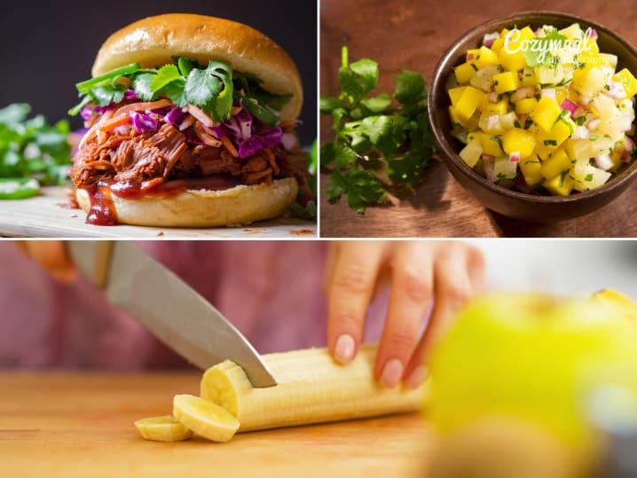 collage for Taste of Hawaii cooking class on Cozymeal featuring pork sliders, pineapple salsa and chef cutting banana