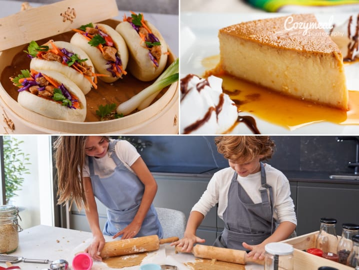 a collage featuring teenagers preparing fresh vegetables for cooking bao buns, flan and other flavors from around the world