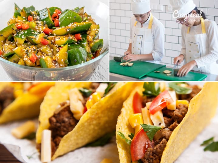a collage featuring teenagers preparing fresh vegetables for cooking tacos, Asian salad and other flavors from around the world