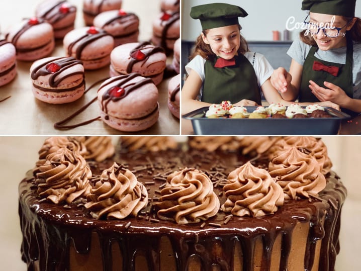 a collage featuring teenagers in a lesson of making macarons, baking cake and more
