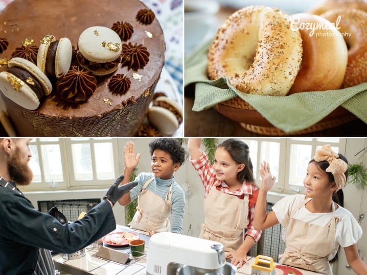 Collage of macarons decorated chocolate cake, bagels, and teens baking together вЂ” part of the "Teens' 5-Day Summer Series: Advanced Baking" on Cozymeal.Small fruit tart topped with colorful berries, including raspberries, blueberries, and kiwi slices.