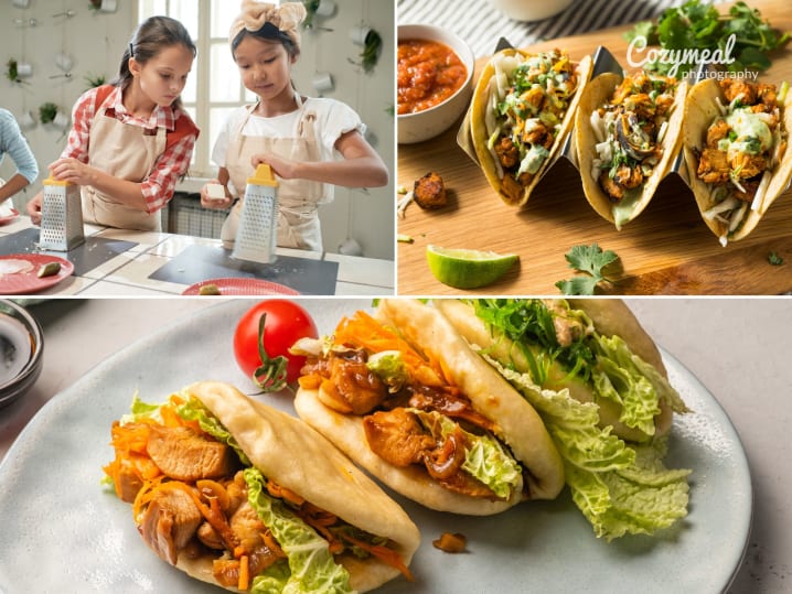 a collage featuring teenagers preparing fresh vegetables for cooking bao buns, tacos and other flavors from around the world