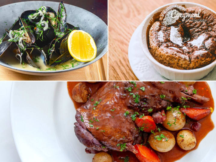 a french menu of mussels, coq au vin and chocolate souffle