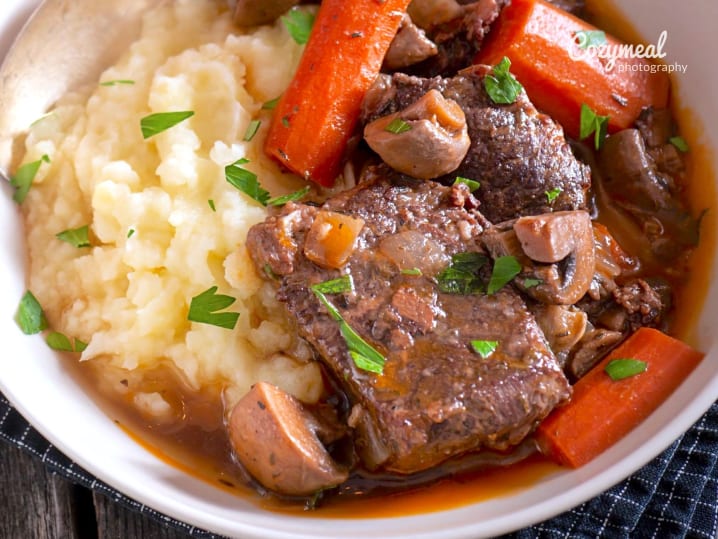 beef Bourguignon in a white bowl